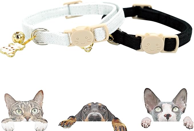 Elegant little tail 2 Pack Cat Collar- White Linnet Cat Collars Breakaway with Bell Pendant Wedding Kitten Boy Girl Safety Adjustable 7-12 Inch Collar for Small Cats Puppy