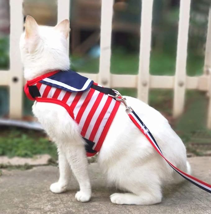Cat Harness and Leash for Walking Escape Proof, Adjustable Cat Vest Harness, Padded Stylish Cat Walking Jackets, Sailor Suit Red, Small