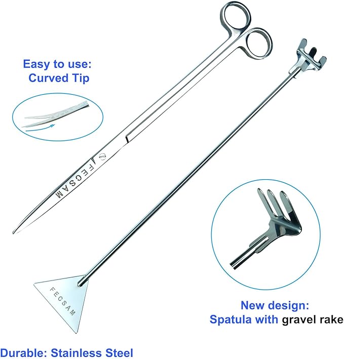 Aquarium Aquascape Tools Kit + Brush - 15 inch Stainless Steel Aquatic Tweezers/Feeding Tongs, Scissors, Spatula, Algae Scraper, Rake for Fish Tank Cleaning Scrubbing, Trimming, Terrarium Supplies