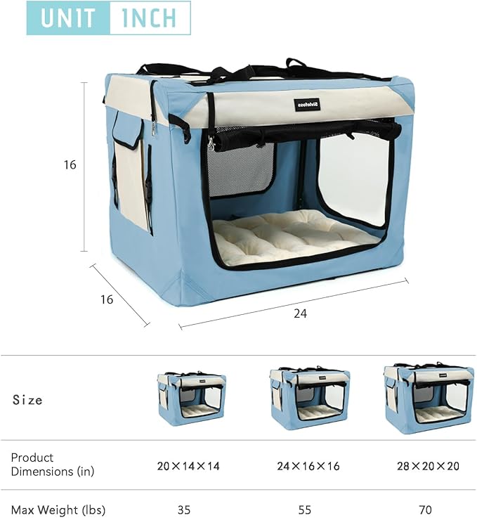 Large Cat Carrier Collapsible Travel Dog Crate Portable Soft-Sided Pet Kennel with Super Soft Warm Plush Pillow for Indoor and Outdoor 24x16x16in,Sky Blue