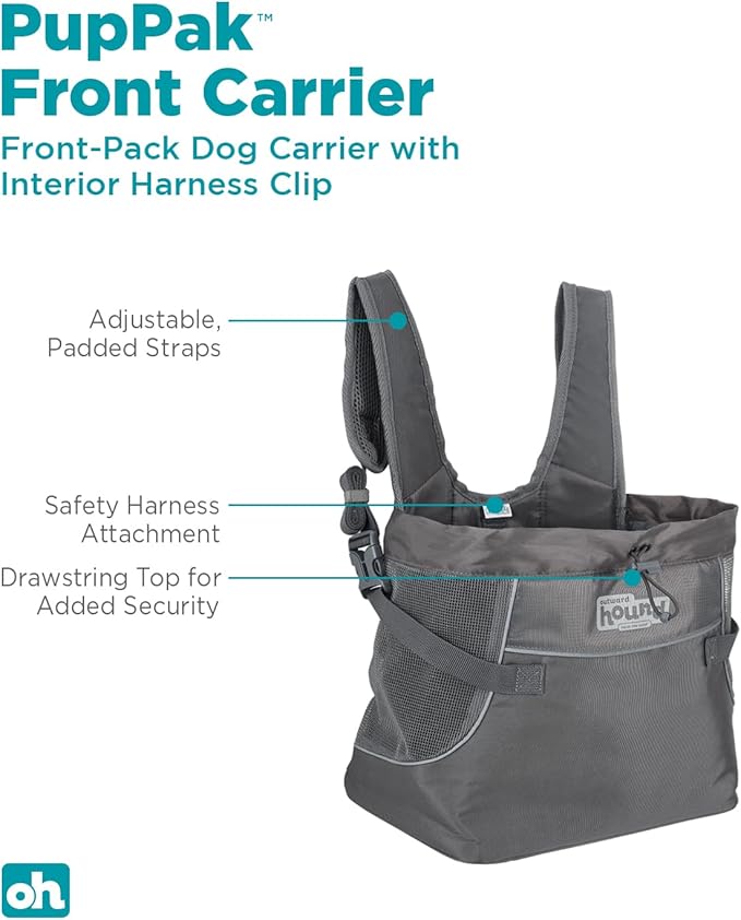 Outward Hound PupPak Dog Front Carrier, Small, Grey – Hands-Free Hiking & Camping Pet Backpack for Small Pets up to 10 lbs, Padded Straps, Breathable Mesh, Water-Resistant, Safety Clip