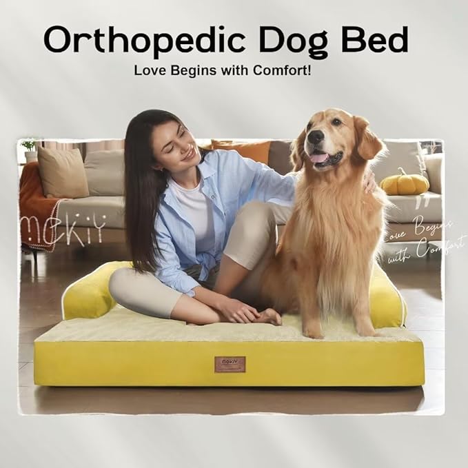 Large Dog Bed Orthopedic Washable - Couch Sofa - XL Large Big Dogs - Beds Bolster Pet - Memory Foam - Waterproof with Removable Cover - Ginger Yellow Dog Bed