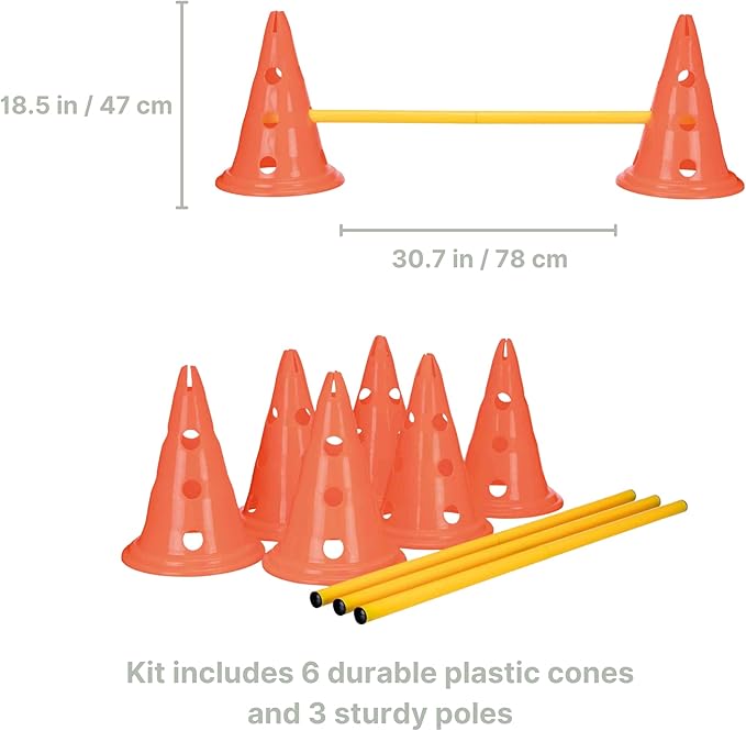 TRIXIE Dog Agility Hurdle Cone Set – Dog Agility Set with Height Adjustable Crossbar for Beginners & Advanced, Dog Agility Equipment for Dog Obstacle Courses – 6 x Cones, 3 x Agility Rods