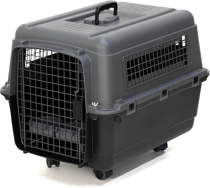 SportPet Airline Compliant MEDIUM 24.25" Travel Dog Kennel-Durable Plastic Airline Pet Carrier w/ Removable Wheels & Food Bowls, Collapsible Indoor/Outdoor Dog Kennel, Dogs up to 23"L & 15"H-Dark Gray