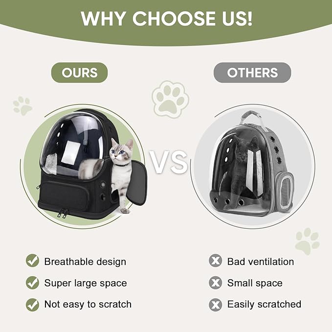 Breathable Cat Backpack Carrier, Large Space Cat Bubble Backpack for Kitty & Small Dog up to 18lbs, Foldable Cat Carrier Backpack, Transparent Airline Approved Carrier for Travel (Black)