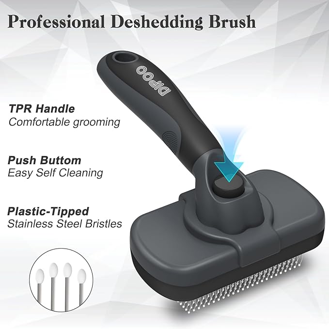 Self-Cleaning Deshedding Brush for Dogs & Cats - Skin-Friendly Grooming Tool with Hair Brush for Long and Short Haired Pets, Grey