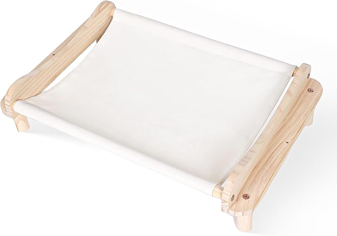 Elevated Wooden Cat Bed – 24"x15.7"x5.9" Breathable Hammock Pet Bed for Indoor/Outdoor Use, Raised Dog Lounger for Small Pets Like Kittens, Puppies, Rabbits, and Bunnies(White-1)
