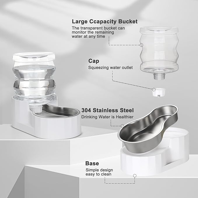 RIZZARI Gravity Water Bowl Dispenser for Cats: 4L White Automatic Stainless Steel Dog Feeder Without Filter - for 8-20LB Elderly Pets with Joint Spine Pain - for Kitchen Bedroom