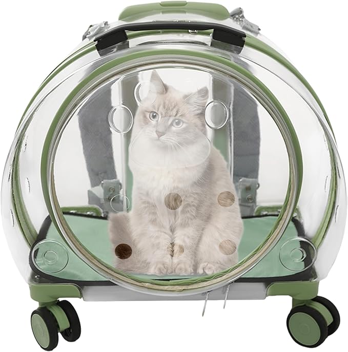 Transparent & Fully Breathable Hard Cat Carrier with Rolling Wheels, Multiple Carrying Carrier for Cats, Dogs, Or Bunnies for Traveling, Taking a Walk, Applicable Weighing up to 19.84lbs (Green,Clear)