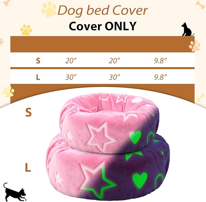 Round Replacement Dog Bed Cover - Elastic Edged Washable Protector with Glow in The Dark Heart Pattern for Small & Medium Beds, Cover Only, 20"x9.8"