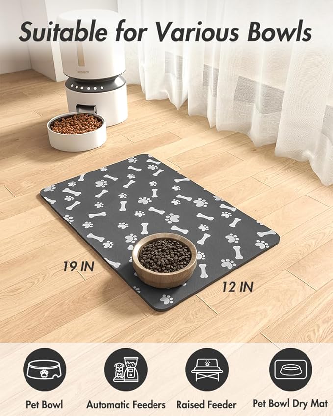 MontVoo Dog Food Mat-Pet Feeding Mat for Food and Water-No Stains Quick Dry Dispenser Cat Bowl Mat for Messy Drinkers(12"x19" Dark Grey)
