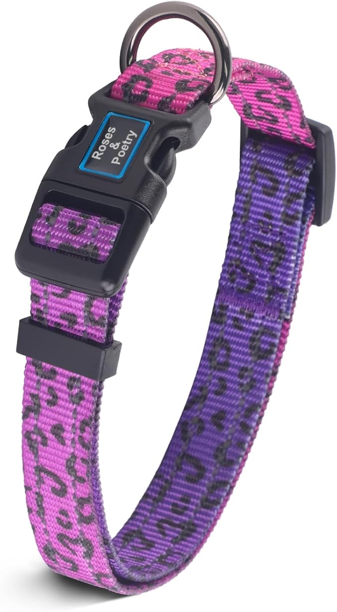 Roses&Poetry Small Dog Collar, Cute Leopard Style Adjustable Reflective Puppy Collars Durable Pet Collars for Small Medium Large Dogs(Rose-Leopard S)