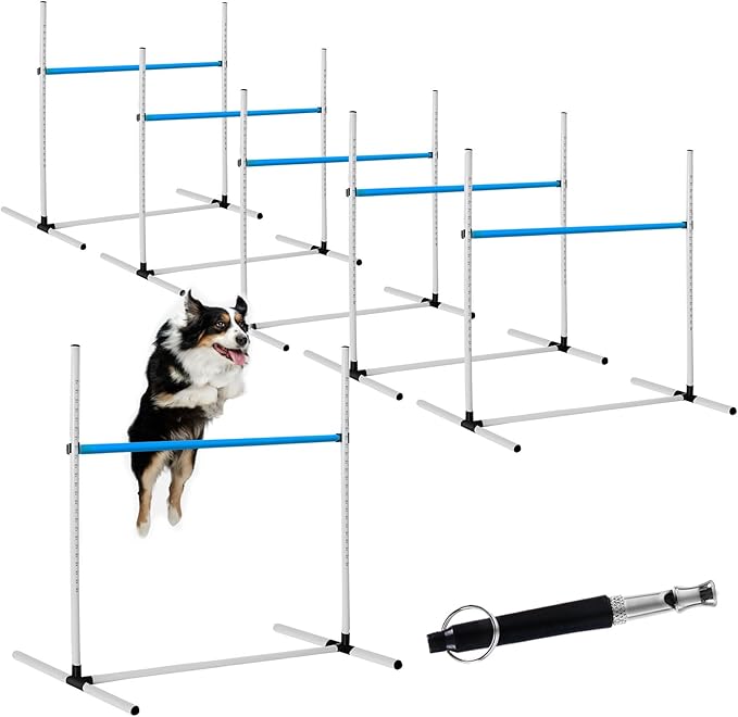 6 Pcs Dog Agility Training Equipments Dog Agility Jumps Hurdles Adjustable Jumps Hurdles Pet Jump Bars with Bag and Whistle for Indoor Outdoor Dogs Pet Jump Course Game(Blue and White)
