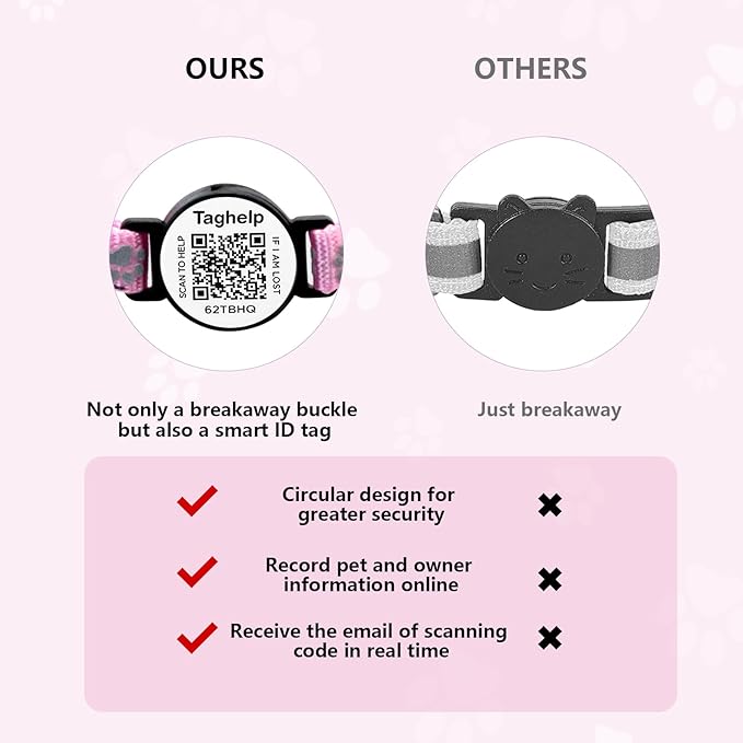 Personalized Cat Collar with Name TAG,Adjustable Tough Nylon Cat ID Collars with Bell, smaet ID Pet Name and Phone Number.NO APP | No Subscription or fees (Pink Cute paw Print)
