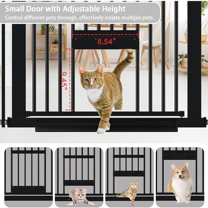 40.55" Tall 1.37" Ultra Narrow Spacing Dogs Pets Baby Gate with Door for Doorway Cat Safety Proof Indoor 30.12-61.61" Extra Wide Puppy Pressure Mounted Black Metal Hallway