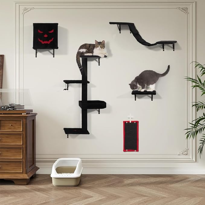 COZIWOW Wall-Mounted Cat Tree | Space-Saving Feline Furniture with Multiple Levels | Durable Scratch Post for Indoor Cats, Black&Red