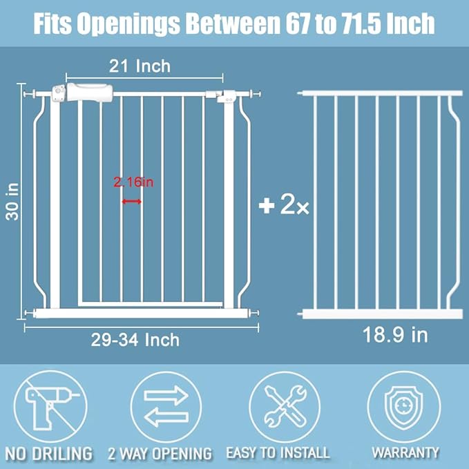 Extra Wide Large Baby Gate 67-71.5 Inch Automatic Close Pet Dog Gates for Stairs Doorways Pressure Mount Child Safety Gate for Walk Through Kids or Pets