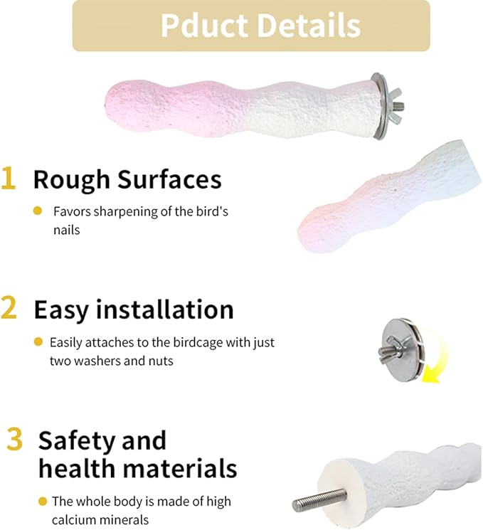 Bird Perches for Cage, Abrasive Surface High Calcium Mineral Parrot Perch Stand - Bird Nail File for Claw & Beak Health, Colorful Ceramic Bird Cage Accessories (Pink, Coral)
