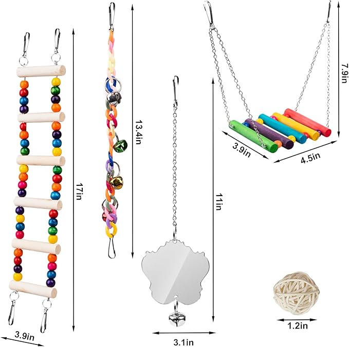 Bird Toys for Parakeets 7Pcs, Wood Parrots Budgie Cage Accessories, Bird Perch Swings for Small Conure Cockatiel Toys, Bird Ladder Swing for Parakeets Climbing 18''