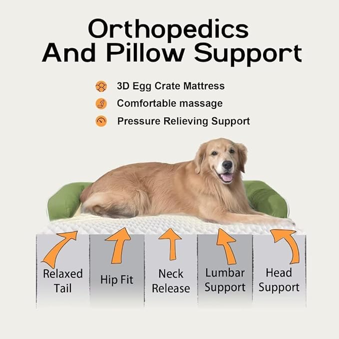 Large Dog Bed Orthopedic Washable - Removable Waterproof Cover Bed Pet - XXXL Large Big Dogs - Memory Foam - Couch Sofa with Removable Bolster - Grass Green Dog Bed