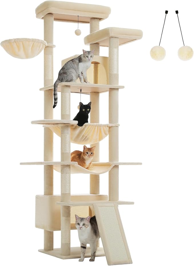 81" Heavy Duty Cat Tree for Large Cats up to 20lbs - Extra Tall Cat Tower with Metal Frame Hammock, 6 Sisal Scratching Posts, 2 Perches - Indoor Cat Furniture for Maine Coon, Big Cats, Beige
