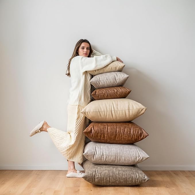 Pack of 2 Oversized Leather Pillow Cover Neutral Decorative, Beige Modern Boho Abrasion Floor Cushion Covers, for Home Decor Outdoor Waterproof Pet Hair Resistant Throw Pillow Covers 28x28 inch