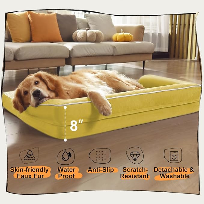 Large Dog Bed Orthopedic Washable | Beds Bolster Pet | XL Large Big Dogs | Memory Foam Couch Sofa | Waterproof with Removable Cover - Ginger Yellow Dog Bed