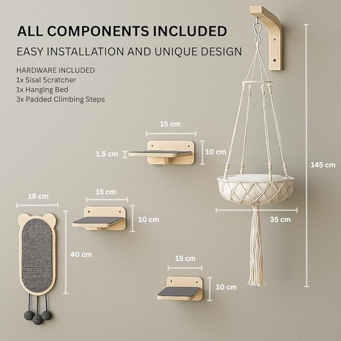 Modern Cat Wall Furniture Set – 5-Piece Hanging Shelves with Macramé Bed, Scratcher & Climbing Steps – Boho Wooden Cat Wall for Indoor Cats