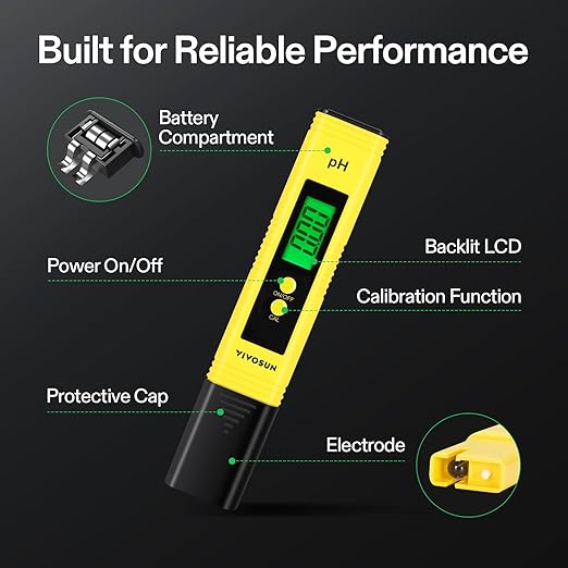 VIVOSUN Digital pH Meter, 0.01pH High Accuracy Pen Type pH Tester for Hydroponics, Household Drinking, Pool and Aquarium, Yellow, UL Certified