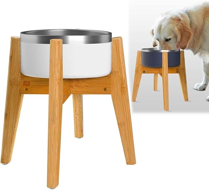 Dog Bowl Stand (14-inch High) - Ideal for Large Breeds, Use to Elevate, Raise Pet Dishes, Water Fountains and Slow Feeders - Adjustable Sideways, Bamboo - (Bowls not Included)