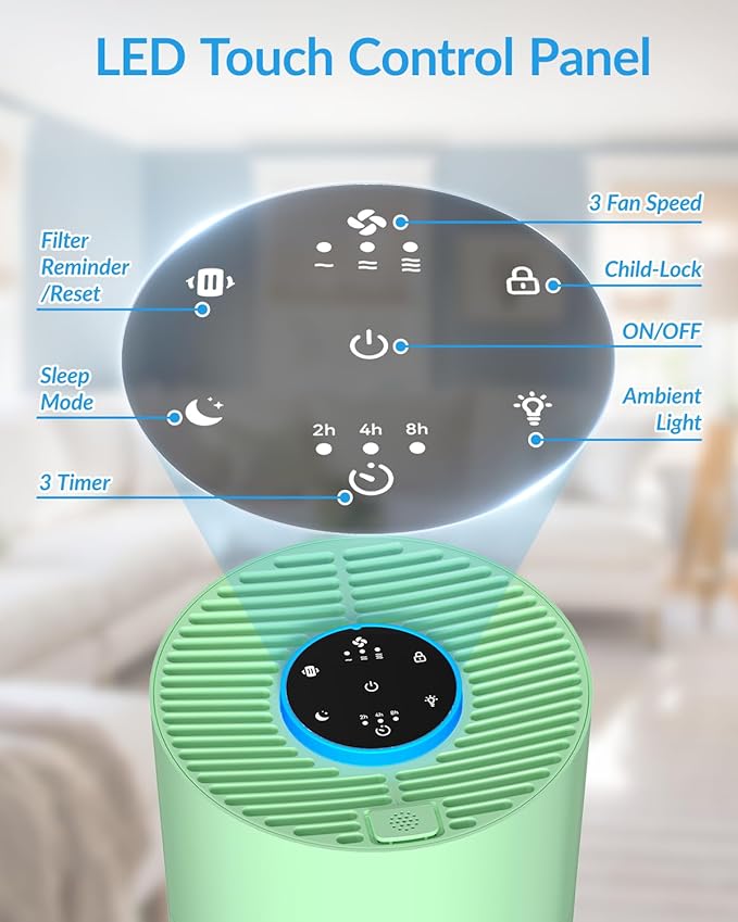 Air Purifiers for Home Bedroom, ADTARK Air Cleaner with H14 True HEPA 3-in-1 Filter, Sleep Mode & Aroma Function, 3 Light Modes, Room Air Purifier with 3 Timer for Office, Dorm, Hotel (Green)