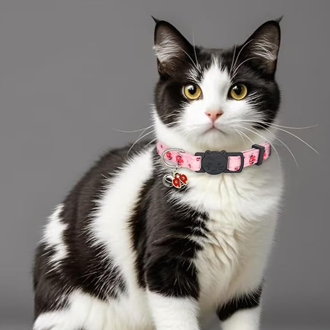 Cat Collar Breakaway, 2 Pack Cotton Cats Collars with Bells, Cute Bee and Ladybug Shaped for Girl Boy Kittens