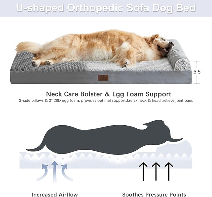 WNPETHOME Orthopedic Dog Beds for Large Dogs, Waterproof Memory Foam Large Dog Bed with Sides, Non-Slip Bottom and Egg-Crate Foam Big Pet Couch Bed with Washable Removable Cover, Grey