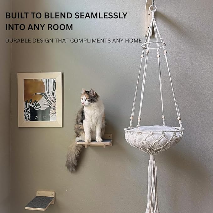 Modern Cat Wall Furniture Set – 5-Piece Hanging Shelves with Macramé Bed, Scratcher & Climbing Steps – Boho Wooden Cat Wall for Indoor Cats