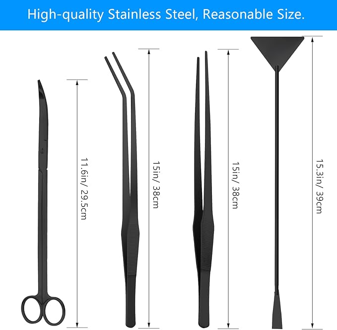 Aquarium Aquascape Tools Kit 15in, 4 in 1 Anti-Rust Aquatic Plant Aquascaping Tool Stainless Steel Tweezer Scissor Spatula for Aquarium Tank Clean Fish Tank Aquascape Accessories Set (black)