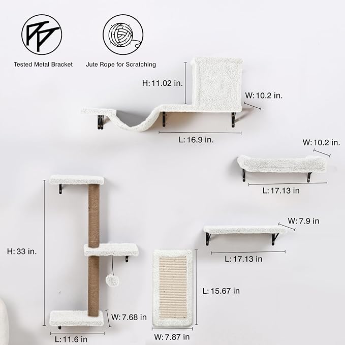 5-in-1 Cat Wall Shelves, Multi-Level Cat Climbing Furniture, Perch & Lounge for Indoor Cats, Space-Saving Wall Mounted Shelves for Play & Rest (Natural Wood) - White
