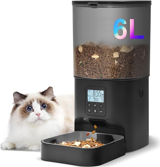 Automatic Cat Feeder, Cat Food Dispenser with 10s Voice Recorder, Pet Feeder up to 8 Meals per Day, Timed Feeder with Dry Food Sealed Ring (Black, 6L)