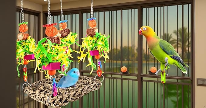 ERKOON Conure Toys, Bird Cockatiel Toys Foraging Swing Mat Parrot Climbing Hammock Wall with Colorful Toys for Birds Shredding Seagrass, Birds Cage Toy Accessories