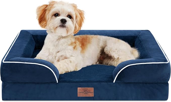 Comfort Expression Orthopedic Dog Bed for Medium Dogs 28x19 Inch, Waterproof Supportive Egg Crate Foam Medium Pet Bed with Removable Bolster, Dog Couch with Washable Cover & Non-Slip Bottom, Navy Blue