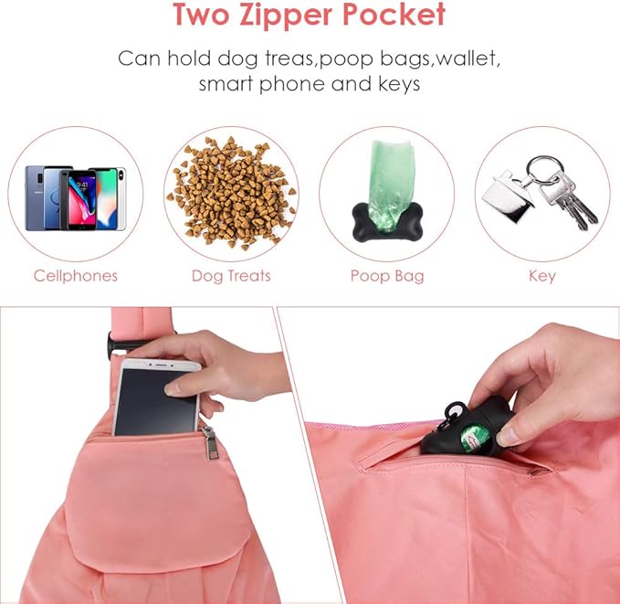 Lukovee Dog Sling Carrier, Hard Bottom Support & Adjustable Soft Padded Shoudler Strap Dog Slings for Small Dogs, Dog Purse with Drawstring Mesh Opening & Zipper Pockets for Puppy Cat Pet (Pink)