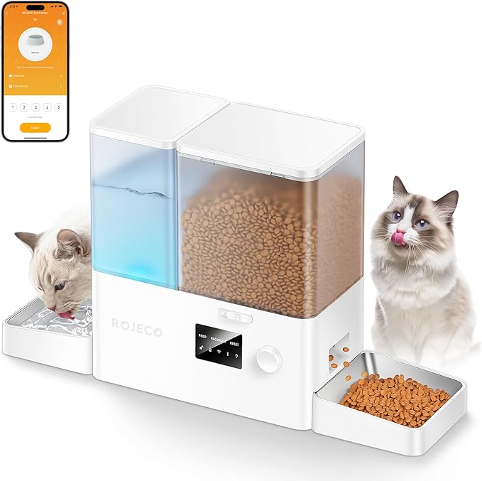 Rojeco 36Cups/8.5L WiFi Automatic Cat Feeder and Gravity Water Dispenser,Stainless Steel Bowls 2-in-1 Large Capacity 5L Food Dispenser with APP and 3.5L Water Fountain for Pets,Dogs,Puppies,Kittens