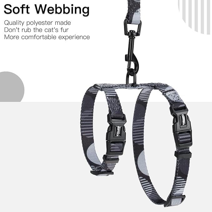 PUPTECK Adjustable Cat Harness and Leash Set Escape Proof Kitten Strap Collar for Walking Travel, Printed Dark Grey