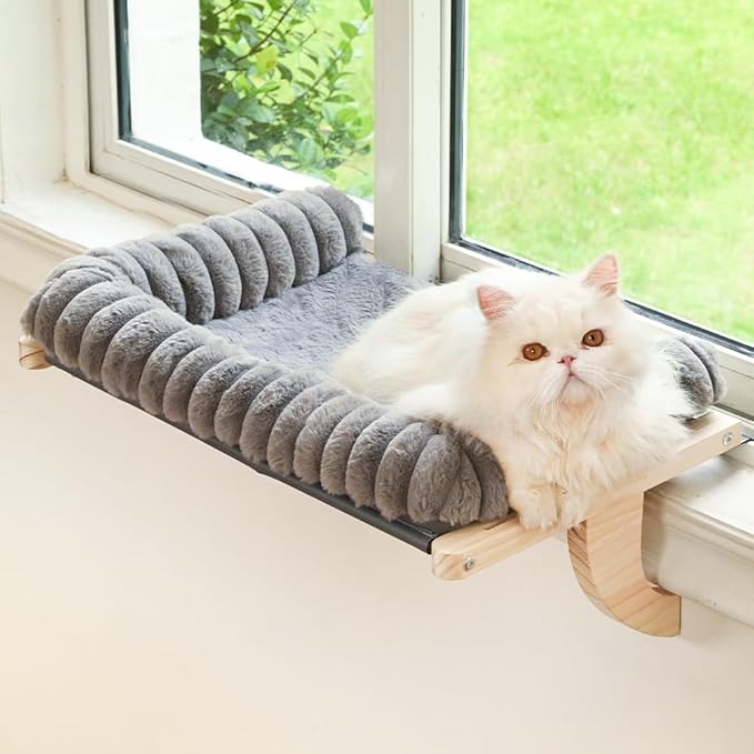 Cloud-Soft Cat Window Sill Perch with Zipper Designed Cushioned Bed, Supportive Cat Window Seat with Premium Solid Wood & Sturdy Metal Frame, Pet Hammock Bed for Large Cats (Medium, Gray)