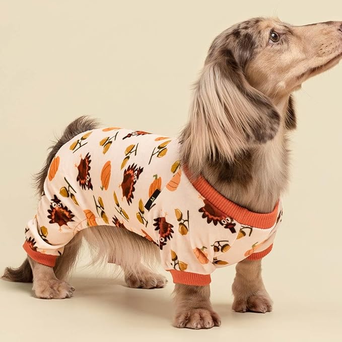 Fitwarm Thanksgiving Turkey Dog Pajamas, Funny Dog Winter Clothes for Small Dogs Girl Boy, Pet Jumpsuit, Cat Onesie with Feet, Lightweight Velvet, Orange, Medium