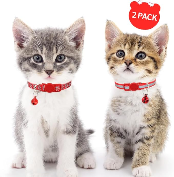 Taglory Kitten Collar Breakaway with Bell, 2 Pack Girl Boy Pet Kitten Collar Adjustable 6-8 Inch for 2-6 Months Cat, Red