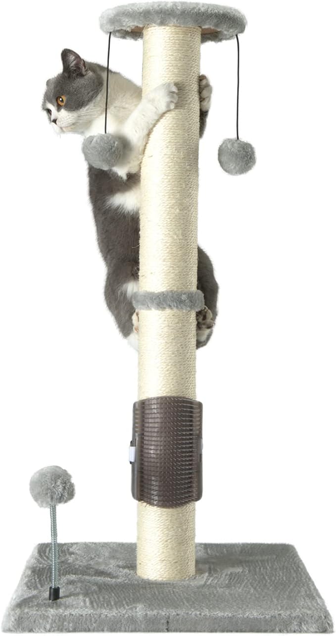 PEEKAB 32" Tall Cat Scratching Post Sisal Scratch Posts with Hanging Ball and Self-Massage Brush Vertical Scratcher for Indoor Cats and Kittens Light-Gray 32inches