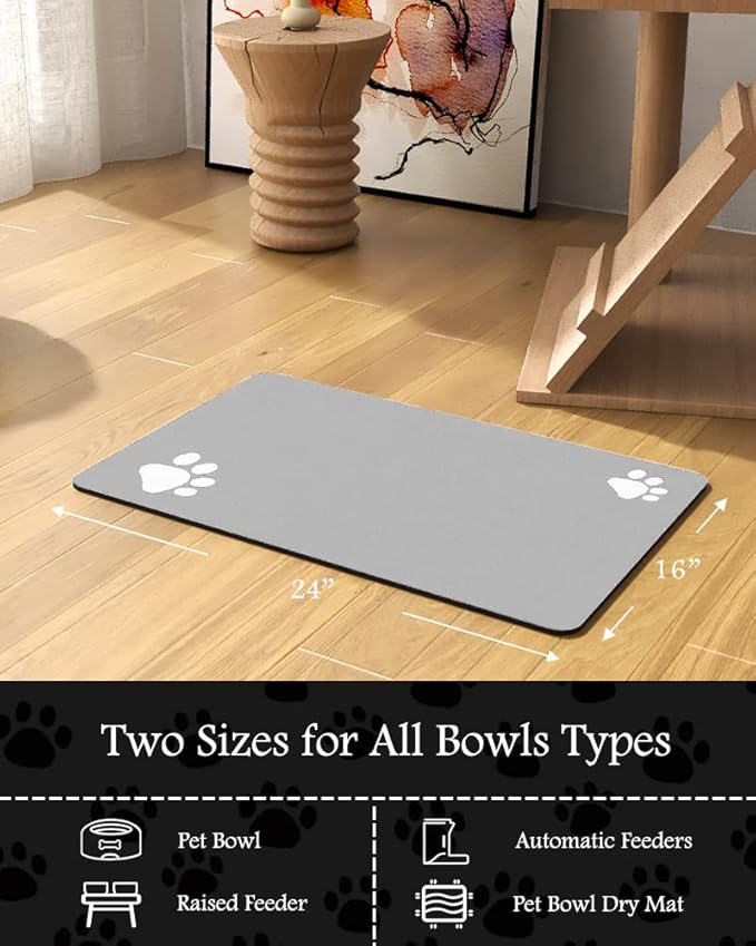 Pet Feeding Mat-Absorbent Dog Mat for Food and Water Bowl-No Stains Quick Dry Water Dispenser Mat-Dog Accessories Pet Supplies-Bowl for Messy Drinkers（LIGHTGREY,16"x24"