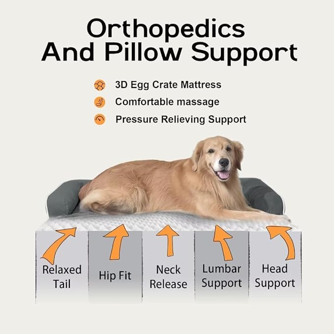 Large Dog Bed Orthopedic Washable - Memory Foam - XXL Large Big Dogs - Beds Bolster Pet - Couch Sofa - Waterproof with Removable Cover - Dark Grey Dog Bed
