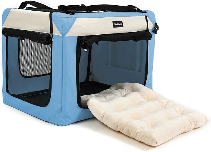 Large Cat Carrier Collapsible Travel Dog Crate Portable Soft-Sided Pet Kennel with Super Soft Warm Plush Pillow for Indoor and Outdoor 24x16x16in,Sky Blue