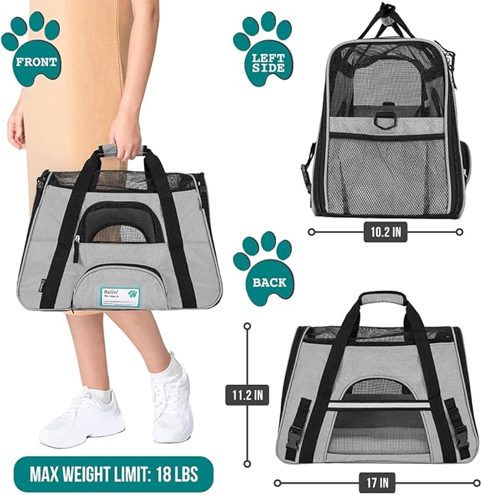 PetAmi Airline Approved Pet Carrier for Cat, Soft Sided Dog Carrier for Small Dogs, Cat Travel Supplies Accessories for Indoor Cats, Ventilated Pet Carrying Bag Medium Large Kitten Puppy, Small Gray